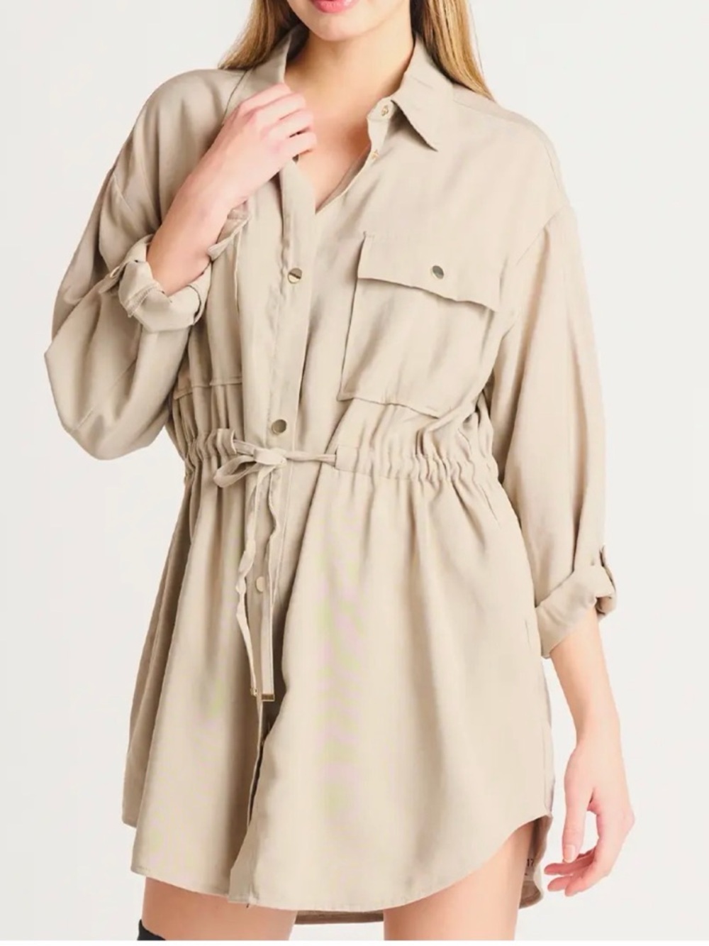 Zara Beige Long Sleeve Shirt Dress